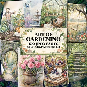 Páginas de diario de arte de jardinería, paisajes en acuarela, naturaleza floral rústica, botánica vintage, campo de primavera y verano, imprimible para jardineros