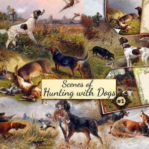 Cenas de caça com cães #1 - conjunto de 46 folhas de diário de lixo com pintura vintage digital, download instantâneo de imagens para impressão, raposa, pato