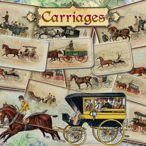 Rijtuigen - set van 30 oude illustraties uit vintage boek Foto's afbeeldingen pagina's 8,5 x 11 digitale papers print vellen tags ATC-kaarten paarden