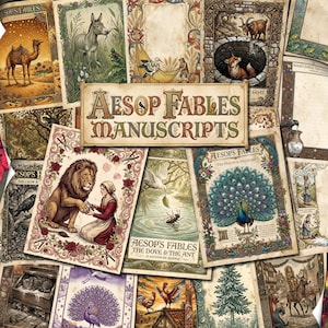 May include: A collection of Aesop Fables manuscripts featuring intricate illustrations of animals and people, including a lion, peacock, camel, and donkey, with ornate floral borders and the text Aesop Fables Manuscripts prominently displayed.