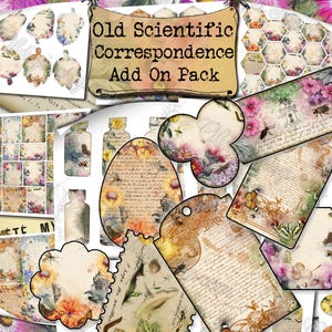 Pacote de complementos de correspondência científica antiga - conjunto de 53 folhas de diário de lixo com marcadores digitais, cartões ATC, etiquetas, selos, ovos, círculos, quadrados