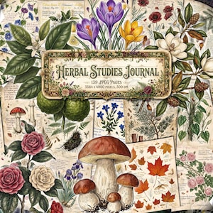 May include: A collage of botanical illustrations and vintage paper textures. The central focus is a decorative sign that reads "Herbal Studies Journal." The image features various flowers, mushrooms, and leaves, with a color palette of greens, browns, and purples.
