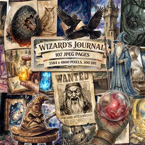 Wizard's Journal Digital Pages, Vintage Printable Ephemera, Aged Old Witch, Wizarding School, Fantasy Magic, Dark Academia, Witchy Sorcery