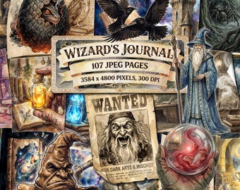 WIZARD's JOURNAL Digital Pages, Vintage Printable Ephemera, Aged Old Witch, Wizarding School, Fantasy Magic, Dark Academia, Witchy Sorcery