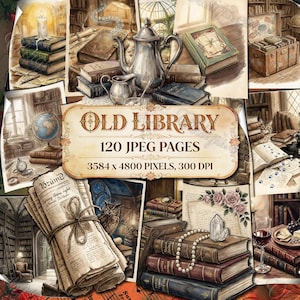 OLD LIBRARY BOOK Junk Journal Kit, Vintage Bookshelf, Ornate Journaling Papers, Printable Pages, Digital Scrapbooking, Dark Academia Magic