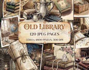 OLD LIBRARY BOOK Junk Journal Kit, Vintage Bookshelf, Ornate Journaling Papers, Printable Pages, Digital Scrapbooking, Dark Academia Magic