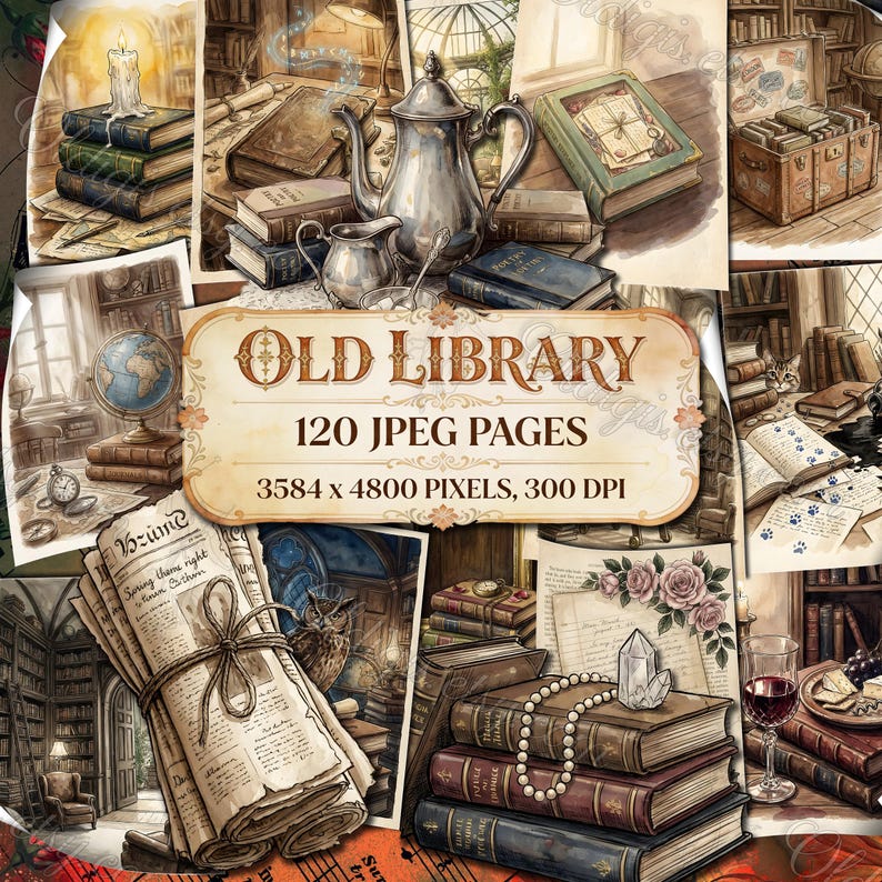OLD LIBRARY BOOK Junk Journal Kit, Vintage Bookshelf, Ornate Journaling ...
