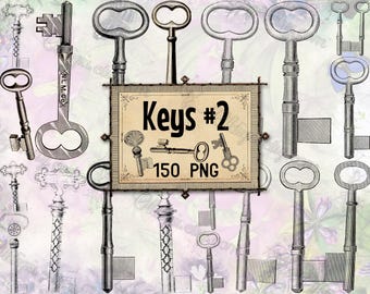 PNG KEYS-2 Antyczny klucz szkieletowy, Ilustracje zamka w stylu vintage, Pakiet steampunkowy, Ephemera wiktoriańska, Cyfrowe zasoby do scrapbookingu