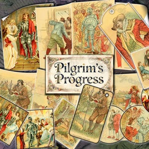 Pilgrim's Progress Antique Illustration by John Bunyan, Vintage Christian Allegory Art, Victorian Engravings, Junk Journal Cards Ephemera