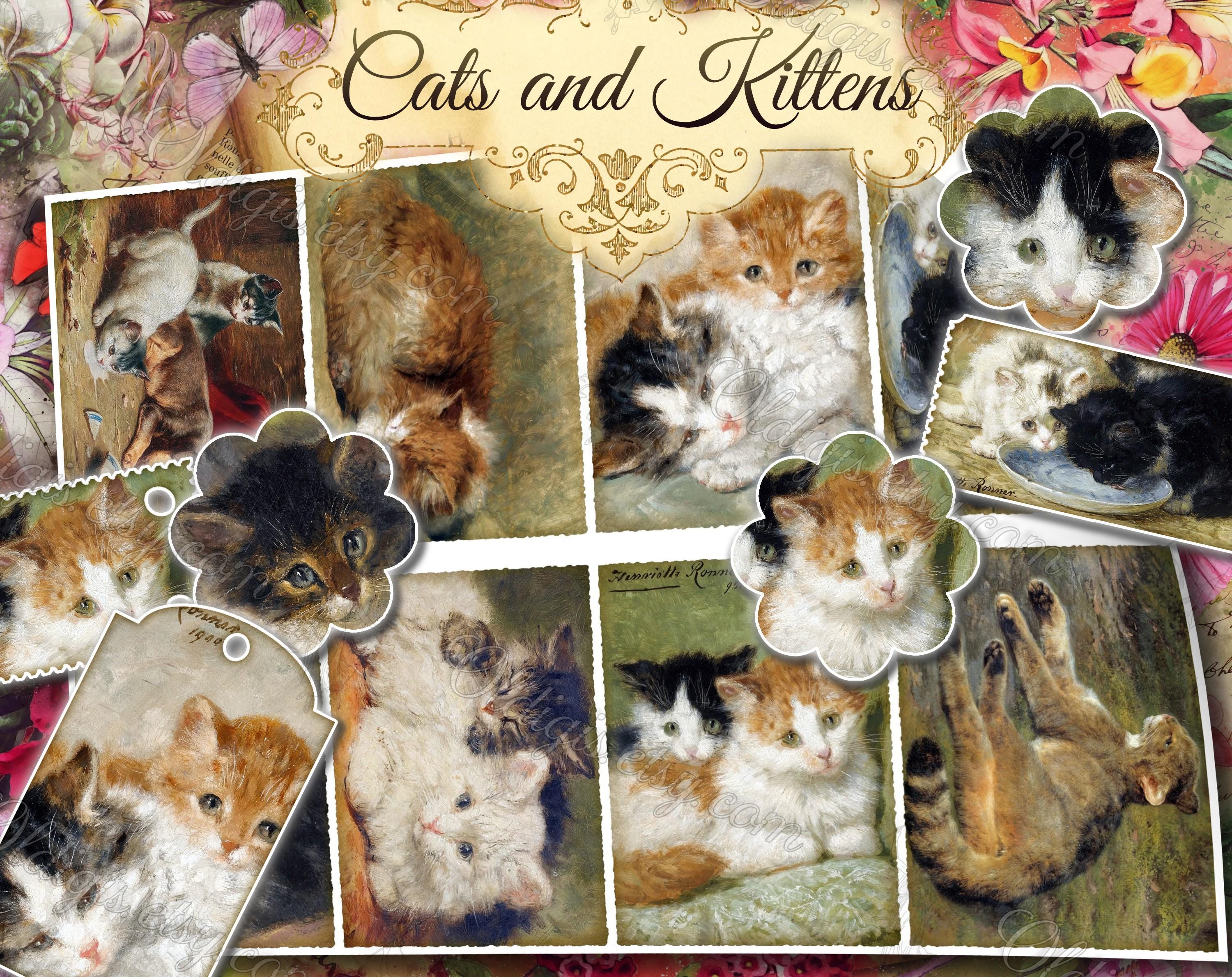 猫と子猫 - デジタルヴィンテージ絵画コラージュ付きジャンク