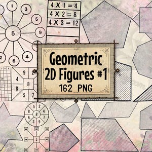 May include: An assortment of 2D geometric shapes, such as triangles and octagons, with a retro style. The image features mathematical diagrams and the text "Geometric 2D Figures #1 162 PNG". The shapes are shaded with diagonal lines.