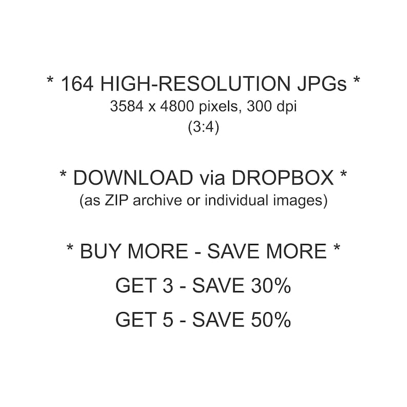 May include: A digital product listing featuring 164 high-resolution JPGs at 3584 x 4800 pixels and 300 dpi with a 3:4 aspect ratio. The text indicates a download via Dropbox as a ZIP archive or individual images, plus promotional savings offers.