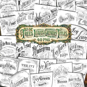 May include: A collection of vintage-style digital graphics featuring botanical and musical themes. The designs include titles like "Trees Leaves Greenery Titles" and "Wild Flowers," with ornate fonts and decorative borders. The color palette is primarily black, white, and green.