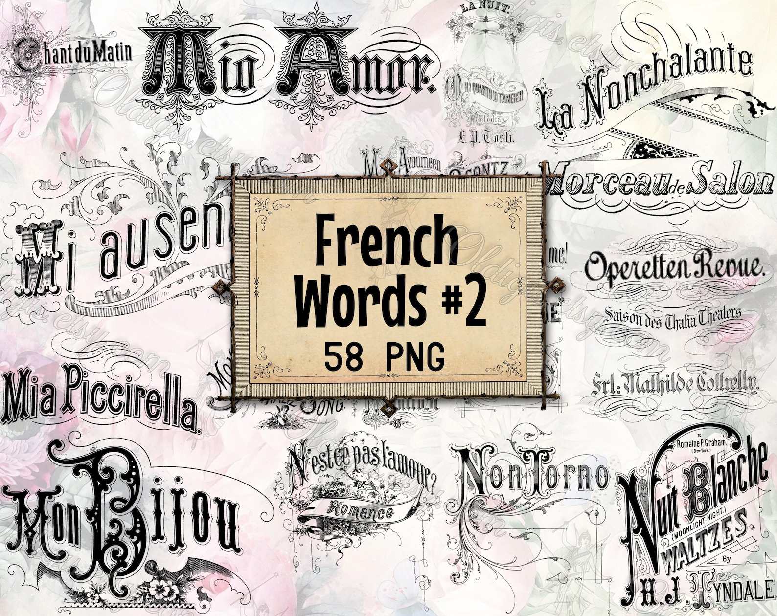 PNG FRENCH WORDS #2 Vintage Typography Overlays, Antique Script Digital ...