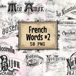 Può includere: Una collezione di 58 parole e frasi francesi in stile vintage, perfette per lo scrapbooking, la creazione di biglietti o progetti di design digitale. Le parole sono stampate in inchiostro nero su uno sfondo bianco con un delicato motivo floreale.