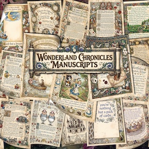 May include: A collection of vintage-style parchment papers titled Wonderland Chronicles Manuscripts, featuring intricate illustrations of Alice, the White Rabbit, playing cards, and ornate borders with decorative text in various fonts.