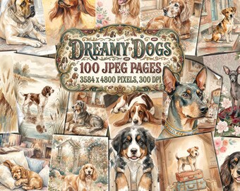 DREAMY DOGS Vintage Junk Journal Kit, Watercolor Puppy Prints for Journaling, Scrapbook Ephemera, Whimsical Pet Breeds Paper, Printables