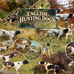 Pintura al óleo digital antigua de perros de caza ingleses, impresiones de pointer, setter y foxhound, efímeras rurales imprimibles, revistas basura