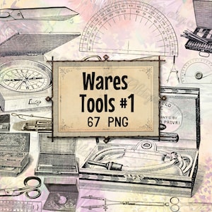 May include: An assortment of vintage tools and instruments, including a compass, protractor, and various drawing tools. The image features a sign that reads "Wares Tools #1 67 PNG". The tools are in a variety of open boxes and cases.