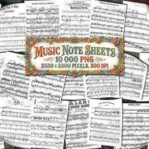 May include: A collection of vintage sheet music, featuring various musical compositions. The image includes a central decorative sign that reads "MUSIC NOTE SHEETS" with additional text indicating the image's specifications. The sheets are primarily black and white, with handwritten notes.