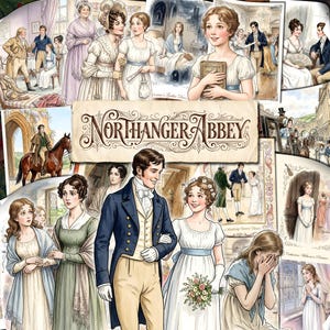 May include: A collage of illustrations depicting scenes from Northanger Abbey, featuring characters in Regency-era attire, including gowns and tailcoats. The central title card displays the text Northanger Abbey in ornate, dark brown lettering.