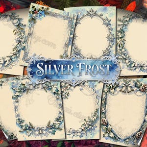 Silver Frost Junk Journal Pages, Blue Lace Winter Frames, Digital Scrapbook Paper, Vintage Christmas Ephemera, Bells Ribbons Pearls Borders