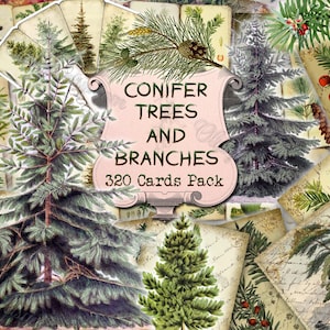 Pagine di diario di conifere e rami della foresta alpina, stampabili di boschi di pini, materiale effimero vintage, foglio di collage stampabile, biglietti