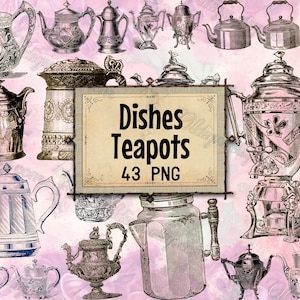 Puede incluir: Una colección de teteras y platos antiguos con diseños intrincados y detalles ornamentados. La imagen incluye un letrero que dice "Dishes Teapots 43 PNG". Las teteras son en tonos plateados y grises, sobre un fondo rosa.