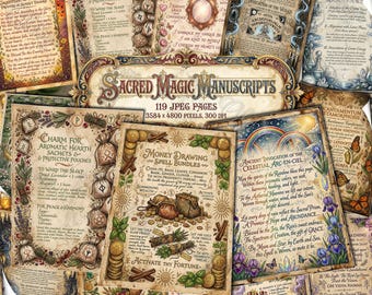 神聖な魔術写本、グリモワールのページ、薬草の呪文、儀式、影の書、ウィッカのジャンクジャーナルのエフェメラ、デジタルヴィンテージ羊皮紙