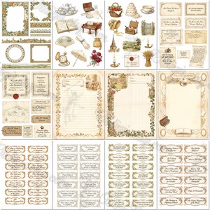 May include: A collection of vintage-style stationery, including decorative borders, illustrated ephemera like pianos, tea sets, and parasols, lined writing paper with floral motifs, and numerous small labels featuring text related to classic literature.