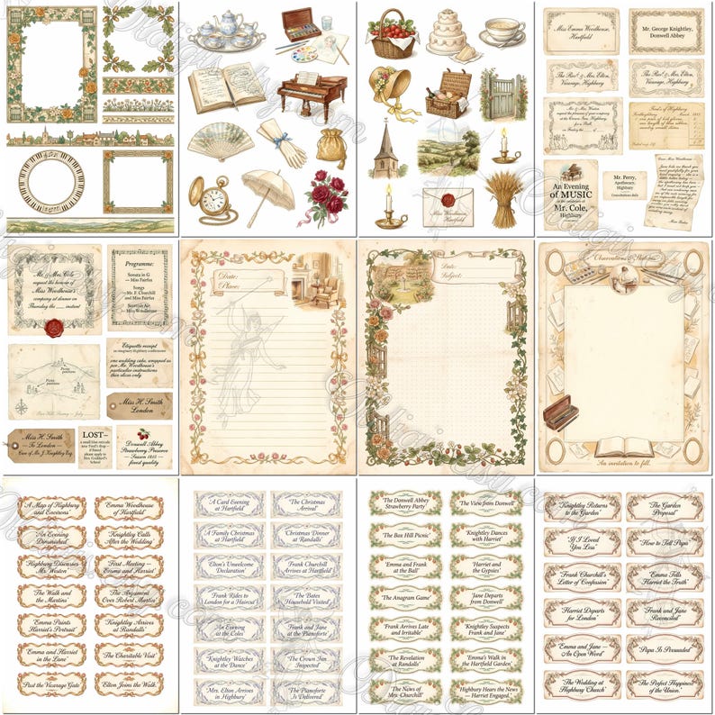 May include: A collection of vintage-style stationery, including decorative borders, illustrated ephemera like pianos, tea sets, and parasols, lined writing paper with floral motifs, and numerous small labels featuring text related to classic literature.