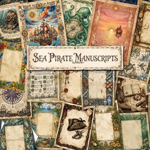 May include: A collection of vintage-style parchment papers titled Sea Pirate Manuscripts, featuring nautical illustrations of ships, octopuses, compasses, treasure maps, pirate hats, swords, and tropical flora with aged, stained paper textures.
