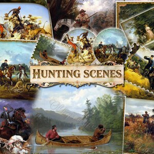 Papel digital vintage de bellas artes con escenas de caza, efímeras de pintura al óleo clásica, paisajes ecuestres y de vida silvestre, perros de caza antiguos