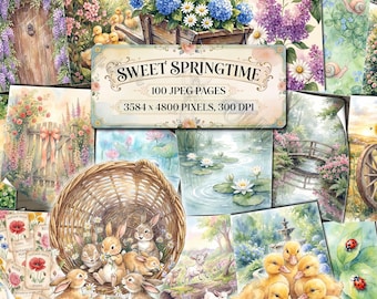 SWEET SPRINGTIME Cottagecore Garden Landscapes, Easter Bunnies, Floral Backgrounds, Botanical Junk Journal Pages, Printable Stationery