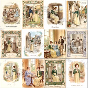 May include: A collection of twelve vintage-style illustrations depicting scenes from 19th-century literature, featuring characters in period clothing, ornate decorative borders, and captions such as A Very Disagreeable Indeed and The Closed Door.