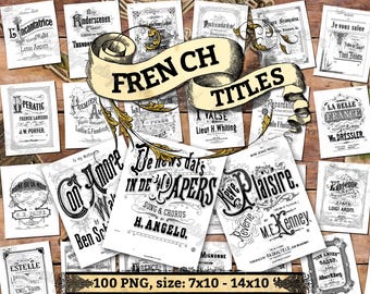 FRANSKA TITLARNA, paket med 100 högupplösta bilder, vintagenoter, PNG med transparent bakgrund