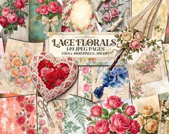 LACE FLORALS Printable Papers, Vintage Rose Junk Journal Pages, Victorian Shabby Chic Scrapbook, Romantic Botanical Ephemera, Antique Floral
