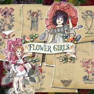 Papel digital victoriano de niñas de las flores, ilustraciones antiguas de hadas botánicas, arte de jardín vintage efímero con escritura francesa, páginas de diario basura