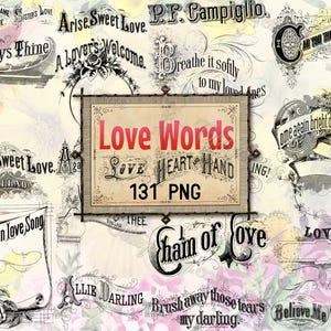 PNG LOVE WORDS - set van 131 bestanden in png-indeling met transparante achtergrondlaag instant digitale download kit pack grafische clipart