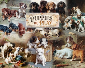 Puppies at Play Vintage Digital Ephemera Collection, Antique Dog Illustrations for Junk Journals, Victorian Puppy Collage Sheets Printable