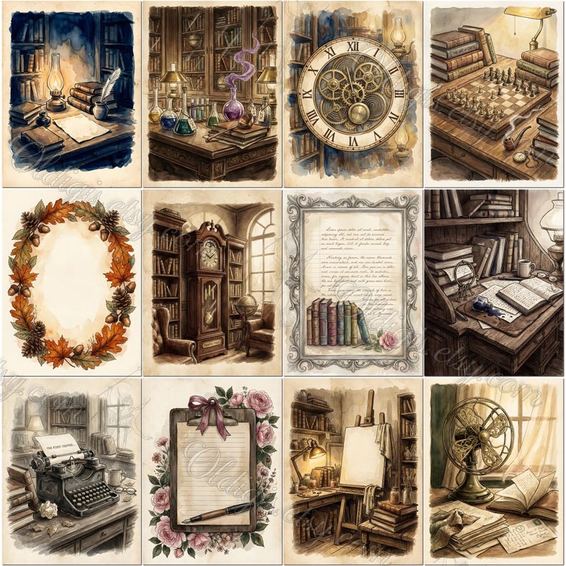 OLD LIBRARY BOOK Junk Journal Kit, Vintage Bookshelf, Ornate Journaling ...