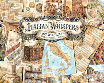 ITALIAN WHISPERS Junk Journal Kit, Tuscan Landscapes, Amalfi Coast, Vintage Mediterranean Food, Wine, Lemons, Rome Architecture, Italy Map