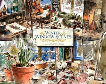 Winter venster scènes Junk Journal Kit, Victoriaanse winter afdrukbare ephemera, gezellige kerst aquarel clipart, digitale plakboek benodigdheden