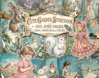 SÖT TRÄDGÅRDSSAGOBOK Skräpjournalsidor, Digitala Vintage-nyckfulla tryck, Cottagecore-naturillustrationer, Barn, Djur, Blommor