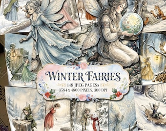 WINTERFEEN ongewenste dagboekpagina's, sprookjespapier, kortstondige winterse bossen, vintage aquarel magisch sneeuwbos, kerstfantasie