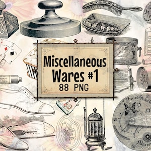 May include: A digital collection of vintage-style black and white illustrations featuring various objects including shoes, playing cards, a grease tube, a watch mechanism, and stamps, centered around a sign reading Miscellaneous Wares #1 88 PNG.