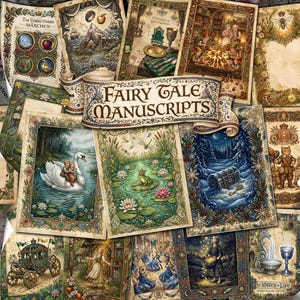 May include: A collection of illustrated fairy tale manuscript pages featuring diverse scenes including a swan, a frog on a lily pad, a snowy forest with a chest, a carriage, and a banquet, all centered around a banner reading FAIRY TALE MANUSCRIPTS.