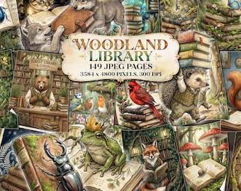 WOODLAND LIBRARY Junk Journal Pages, Forest Ephemera, Woodland Nature, Whimsical Animals Reading Books, Watercolor Magical Fantasy Storybook