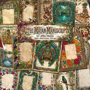 May include: A collection of Aztec and Mayan manuscript pages with decorative borders, showcasing illustrations of birds, flowers, and ancient figures. The central banner reads "Aztec Mayan Manuscripts" with page and resolution details.
