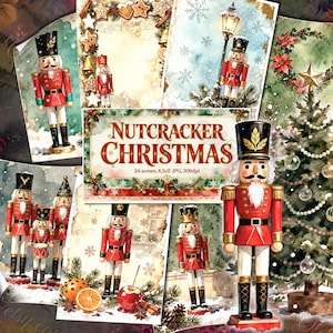 Nutrcracker Christmas Junk Journal Pages, Digital Scrapbook Paper, Printable Collage Sheet, Digital Papers, Vintage Ephemera, Red Soldier